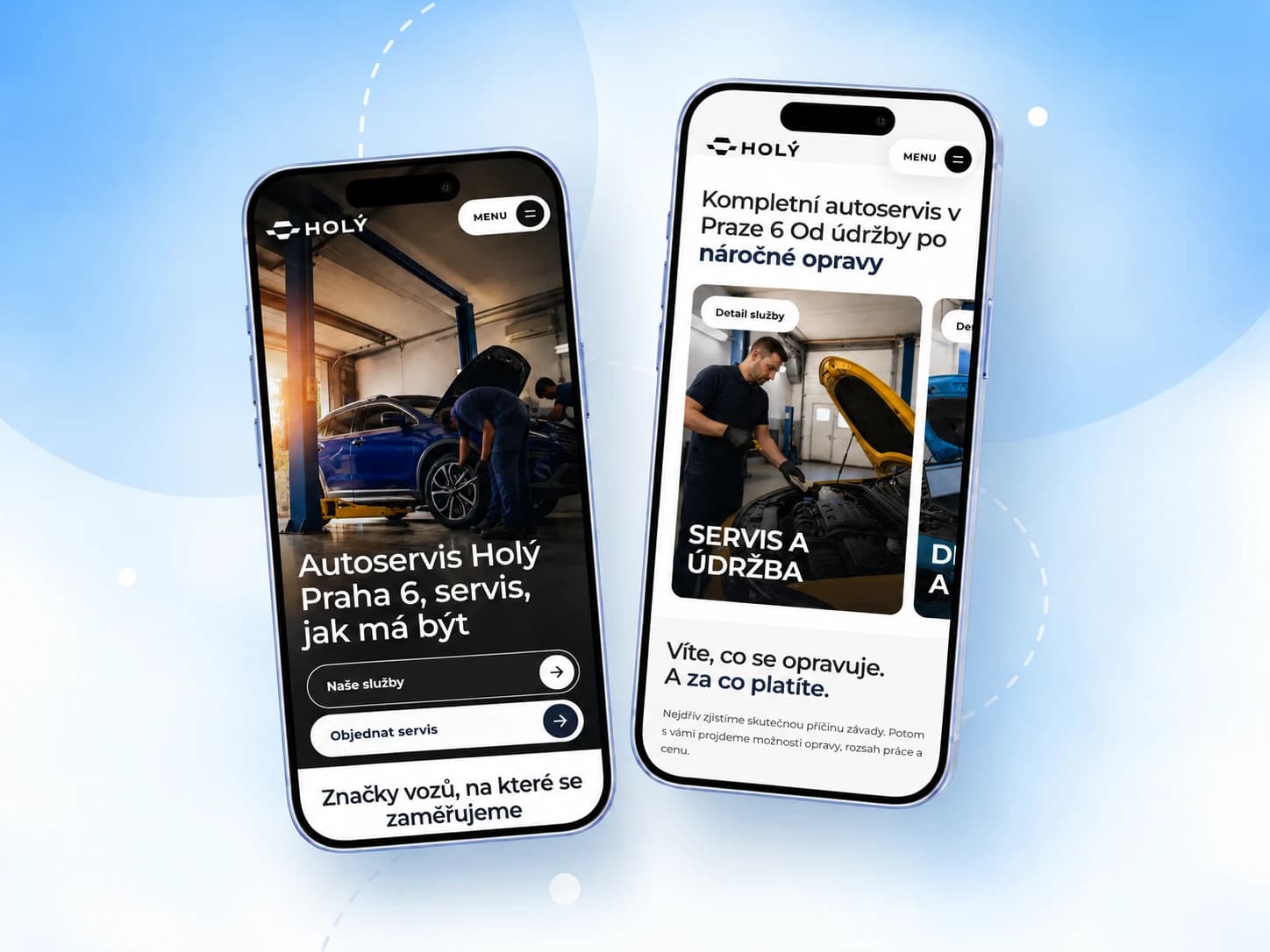 Autoservis Holý, nové webové stránky v mobilním zobrazení