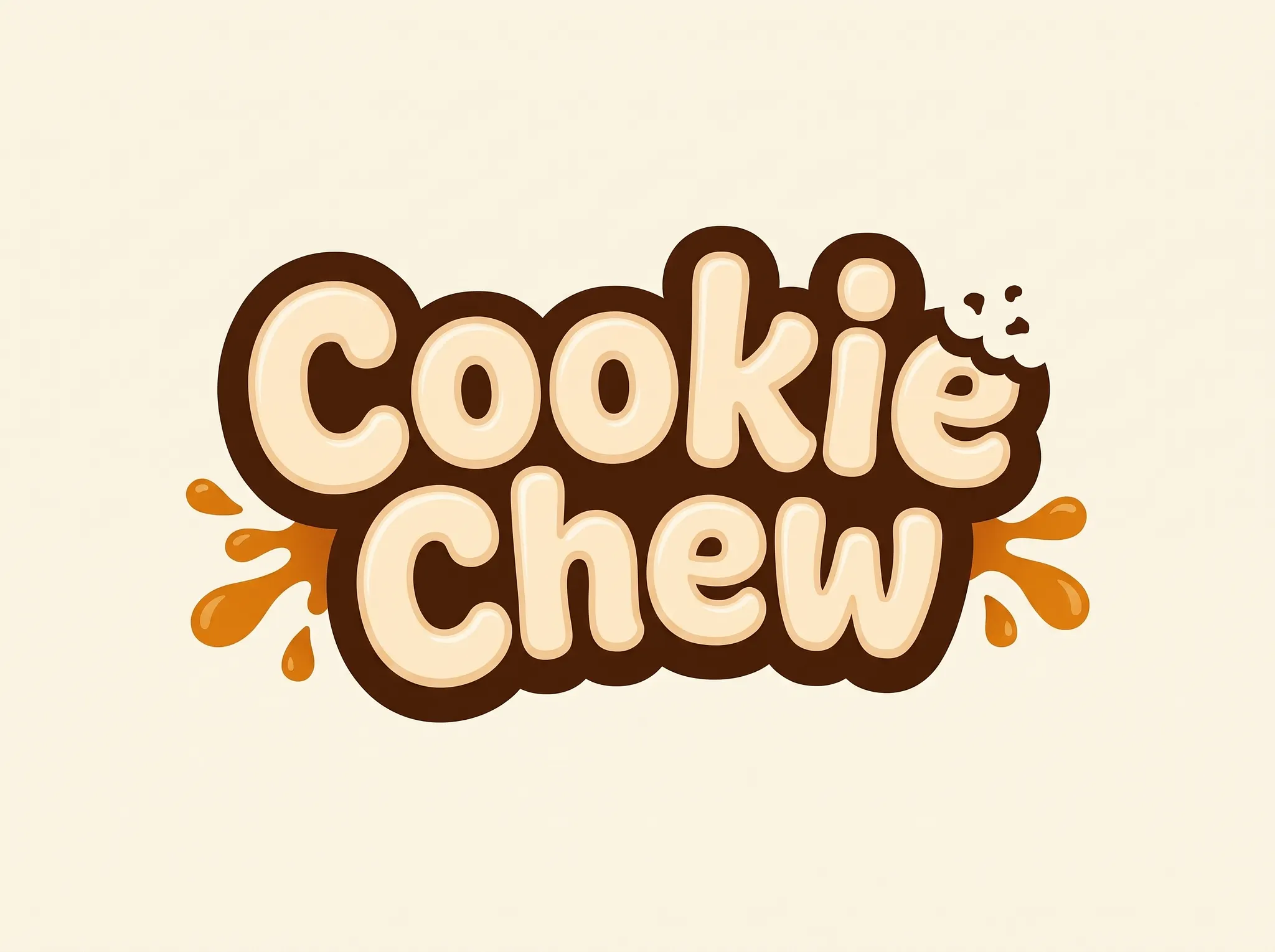 Cookie Chew, logo značky cookies s čokoládovým písmem a karamelovými kapkami