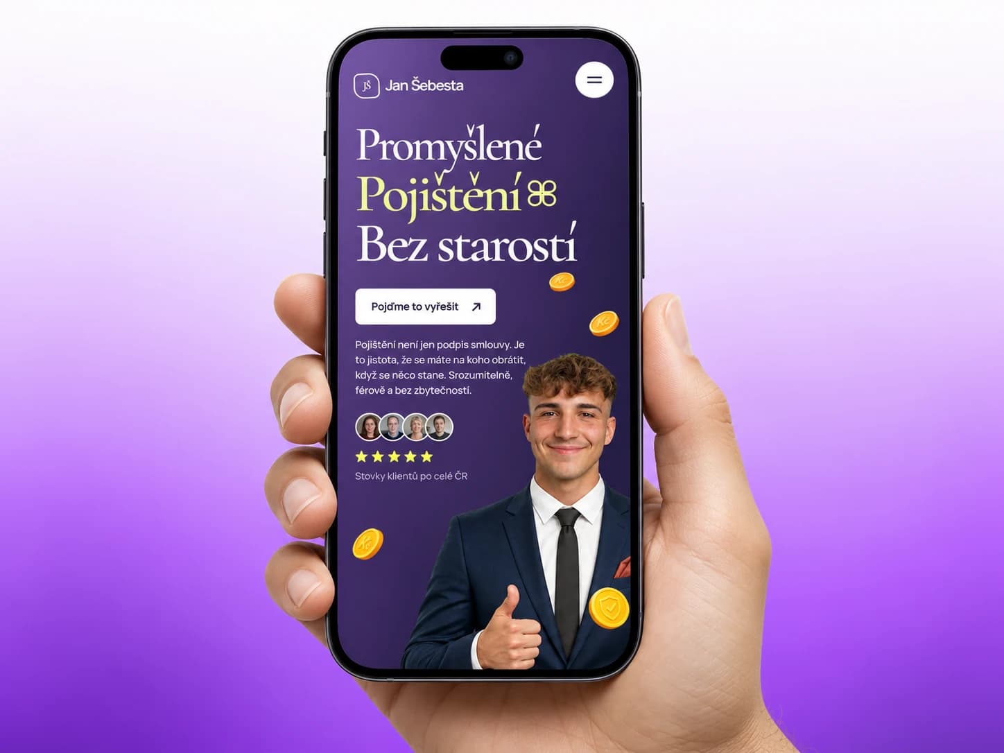 Jan Šebesta, fialový mobilní web finančního poradce s osobním portrétem