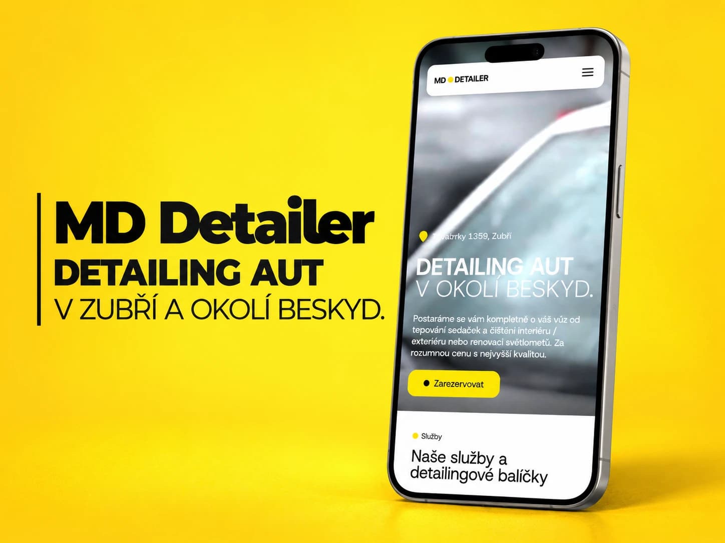MD DETAILER, mobilní web s přehledem detailingu a tlačítkem rezervace na žlutém pozadí