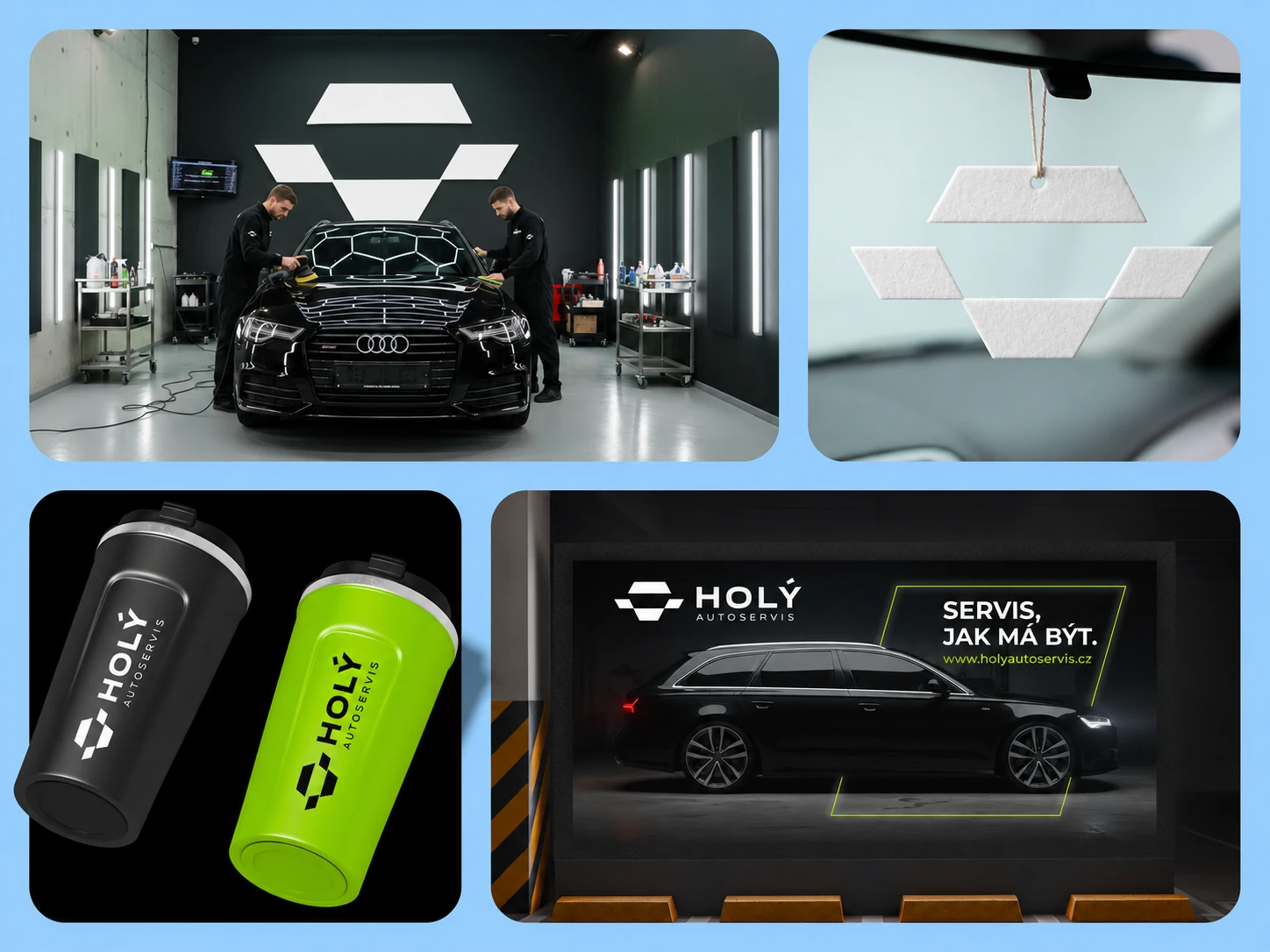 Vizuální identita Autoservisu Holý na označení provozovny, přívěsku, reklamních předmětech a plakátu