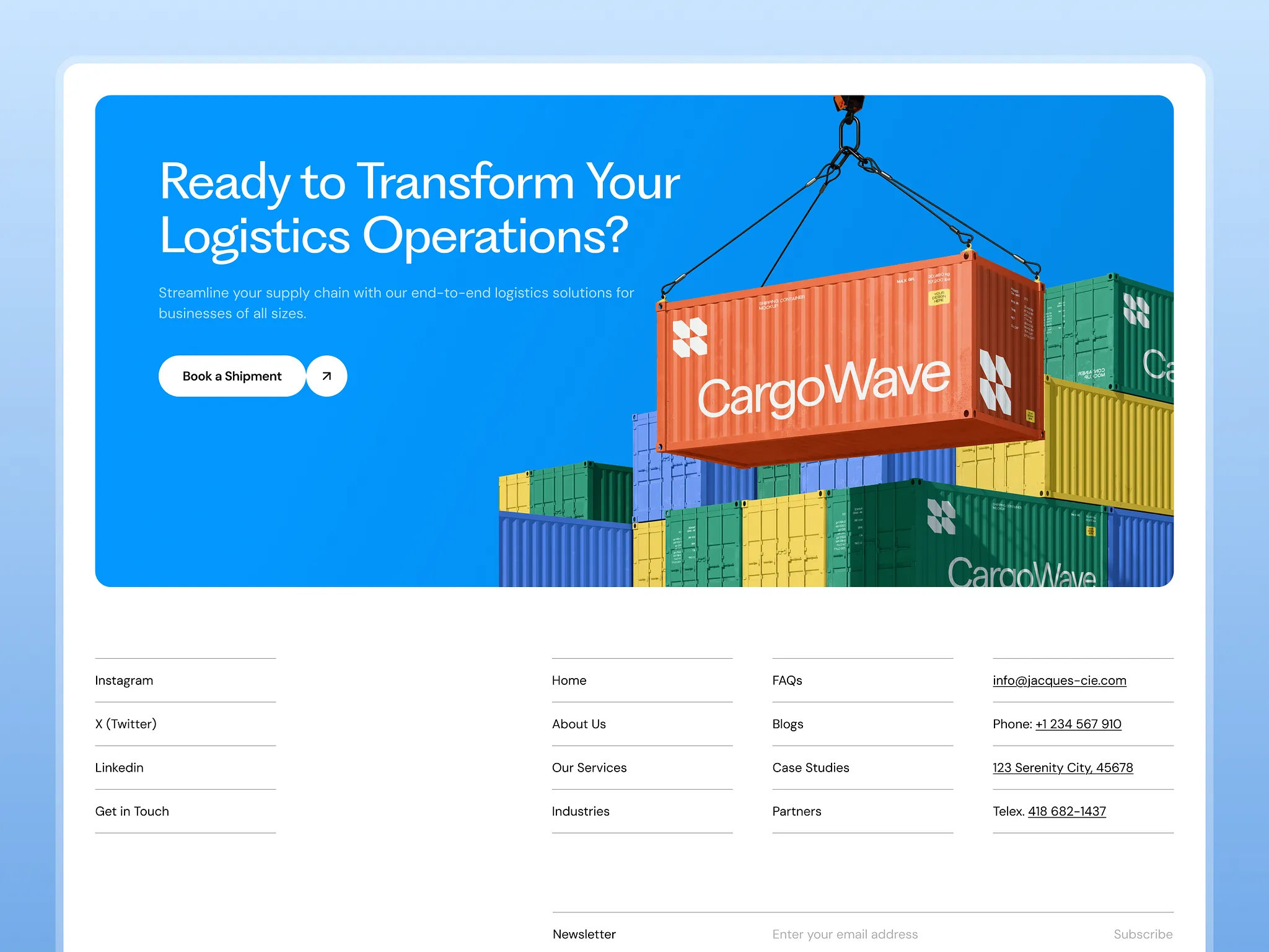 Modrý poptávkový banner CargoWave s přepravními kontejnery a patička webu s kontakty a navigací