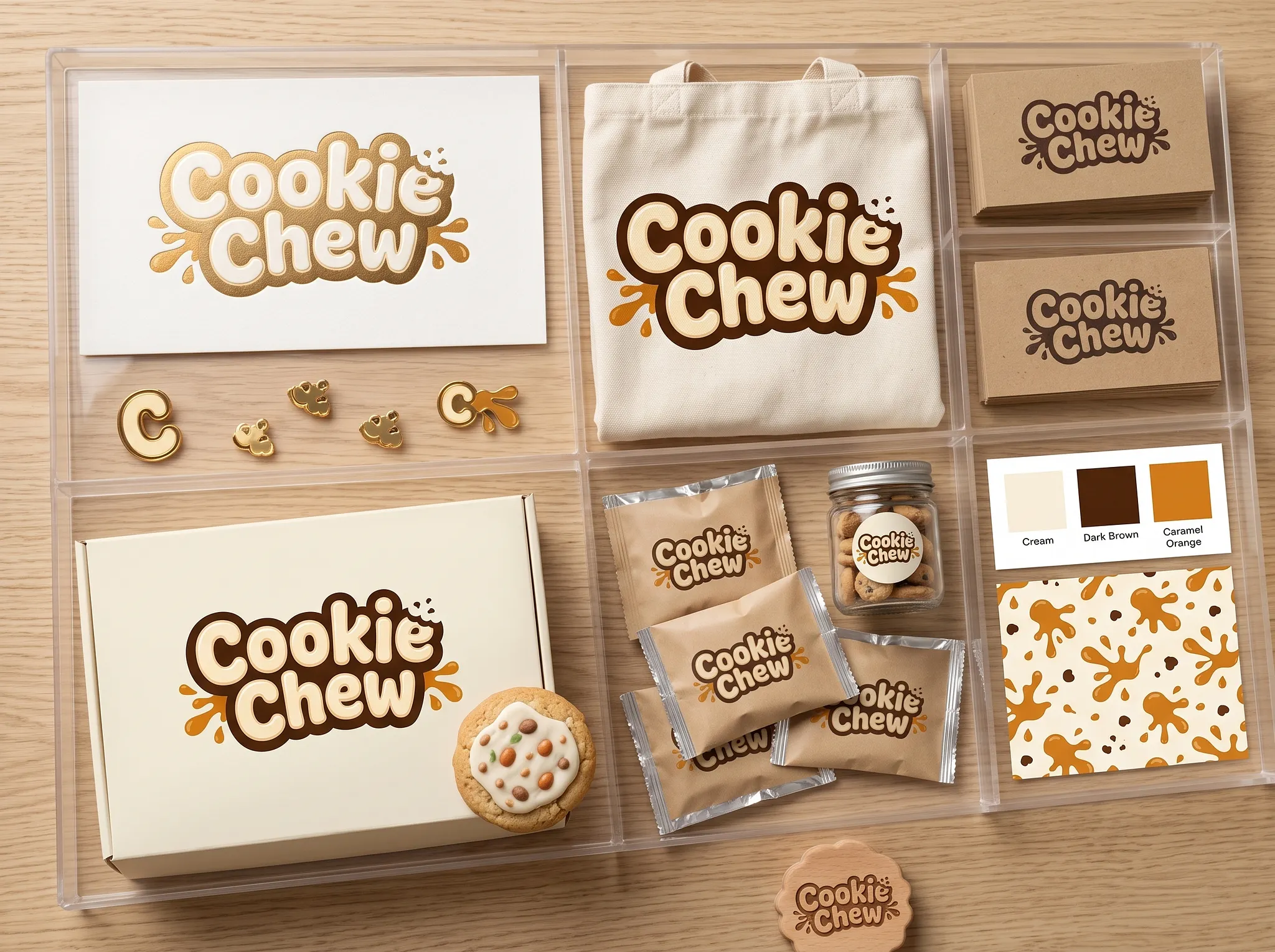 Vizuální identita Cookie Chew na plátěné tašce, krabici, kartičkách, sáčcích a sklenici s cookies