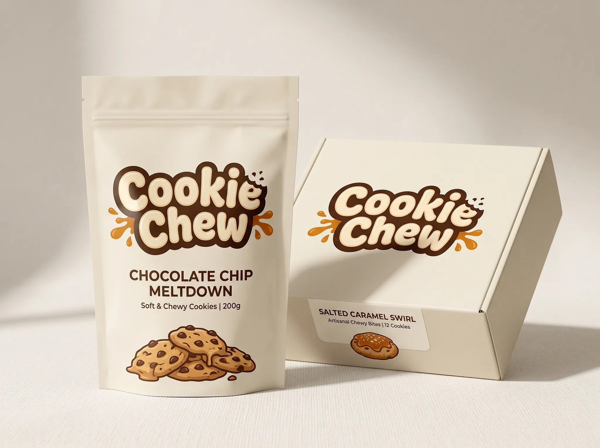 Uzavíratelný sáček Chocolate Chip Meltdown a krabička Salted Caramel Swirl v identitě Cookie Chew