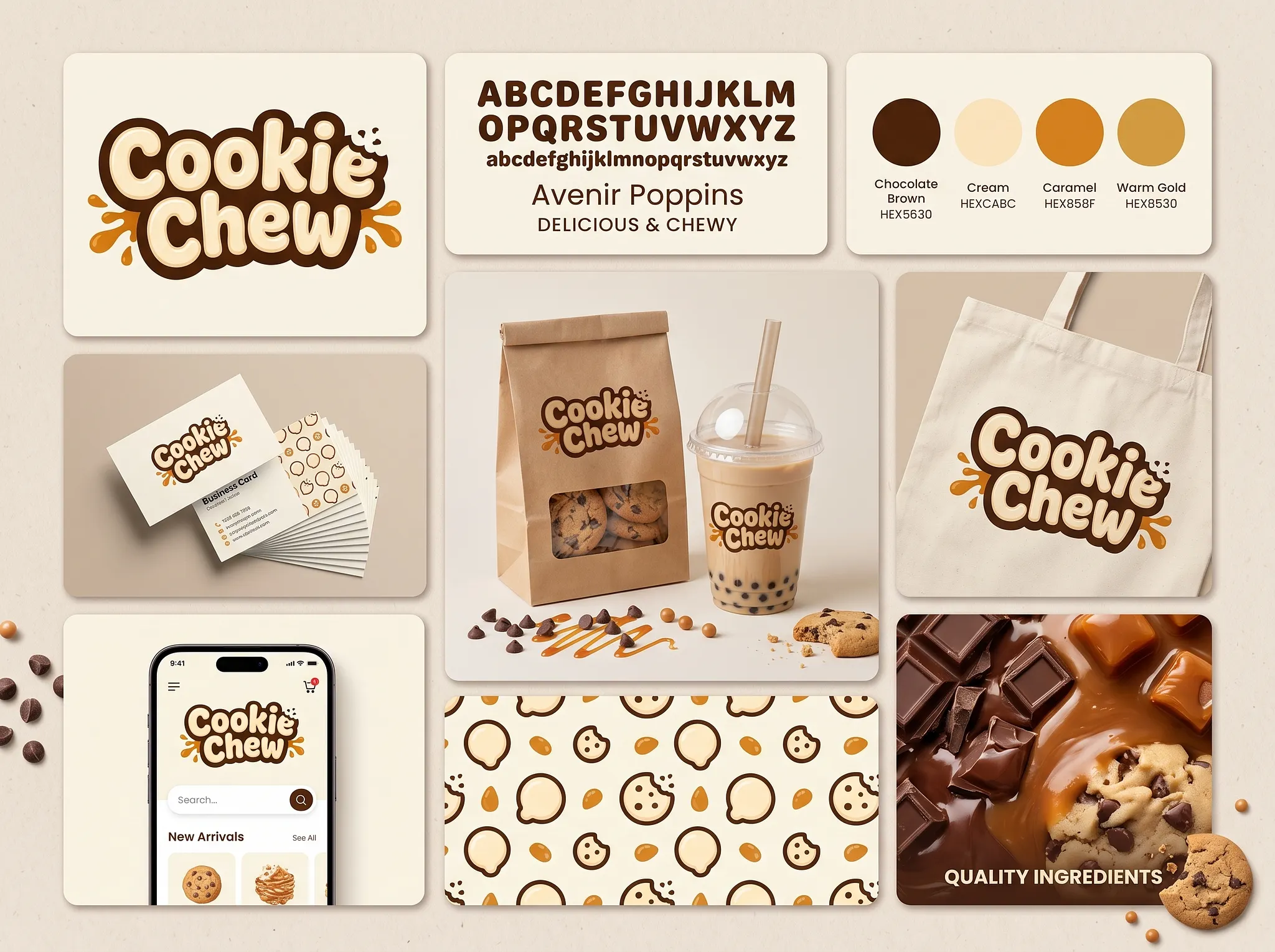 Přehled identity Cookie Chew s logem, typografií, barevností, obaly, ilustracemi a návrhem mobilní prezentace