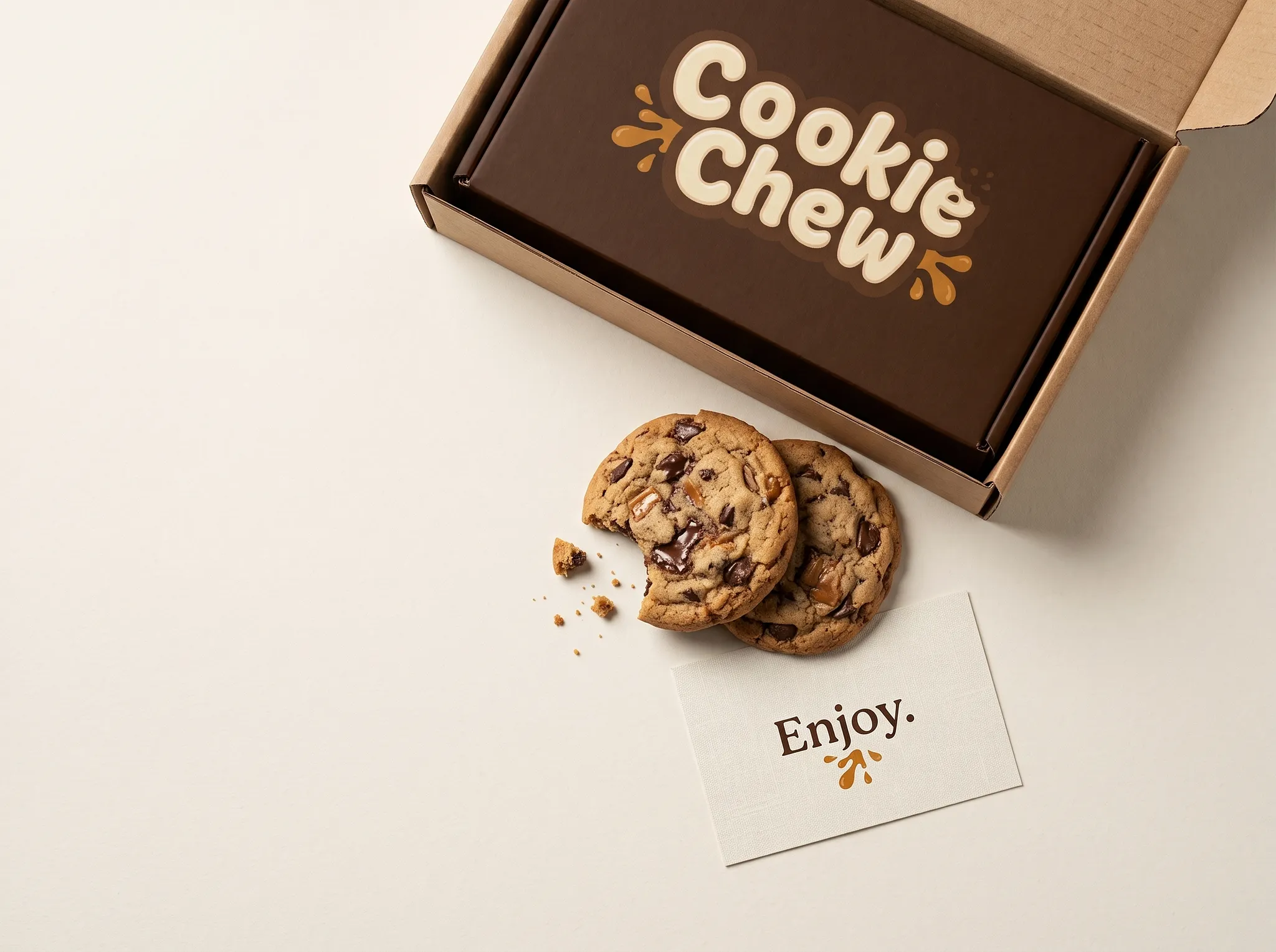Otevřené dárkové balení Cookie Chew s čokoládově hnědým vnitřkem, cookies a kartičkou Enjoy