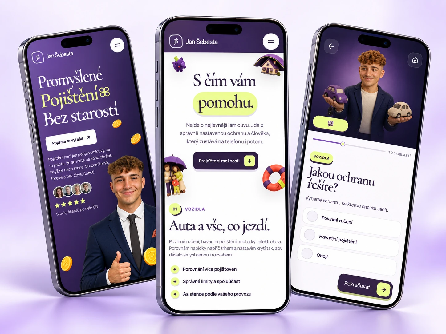 Tři mobilní náhledy webu Jana Šebesty s úvodní stránkou, přehledem služeb a krokem poptávkového formuláře