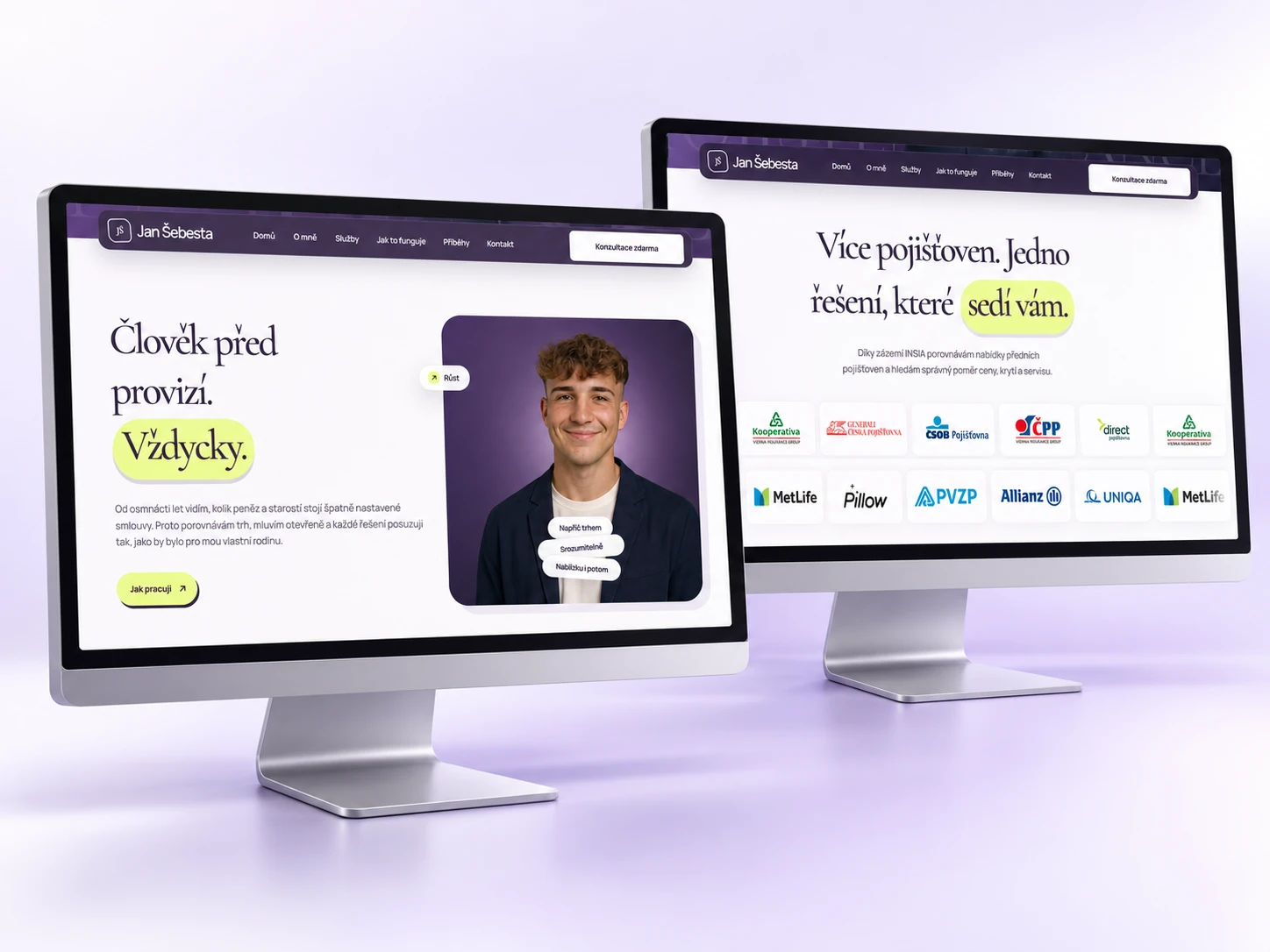 Desktopové stránky Jana Šebesty představující jeho přístup ke klientům a nabídku pojišťoven