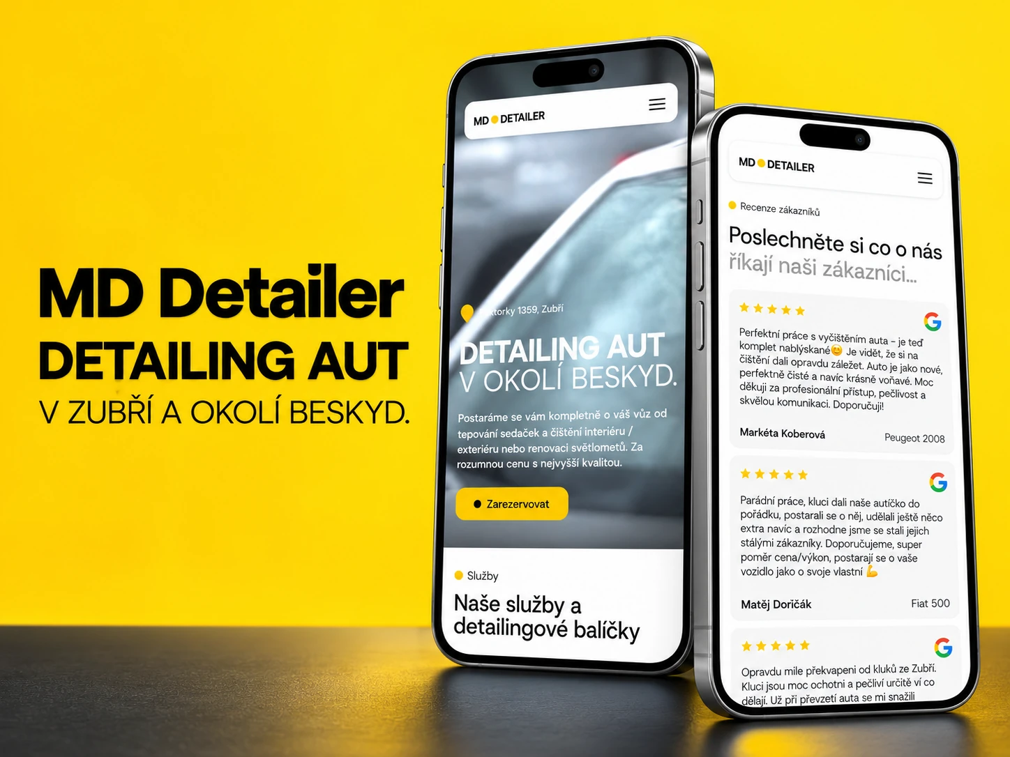 Dva mobilní náhledy MD DETAILER propojující úvodní nabídku detailingu a zákaznické recenze