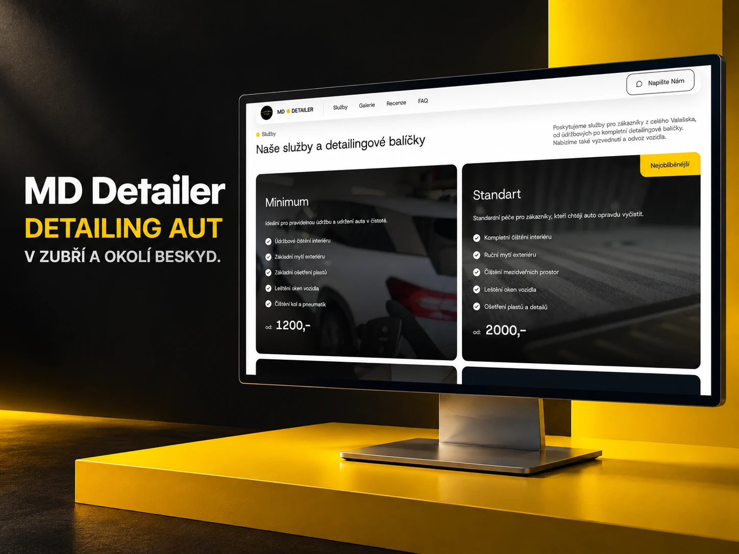 Desktopový web MD DETAILER s přehledem detailingových balíčků Minimum a Standard, rozsahem služeb a cenami