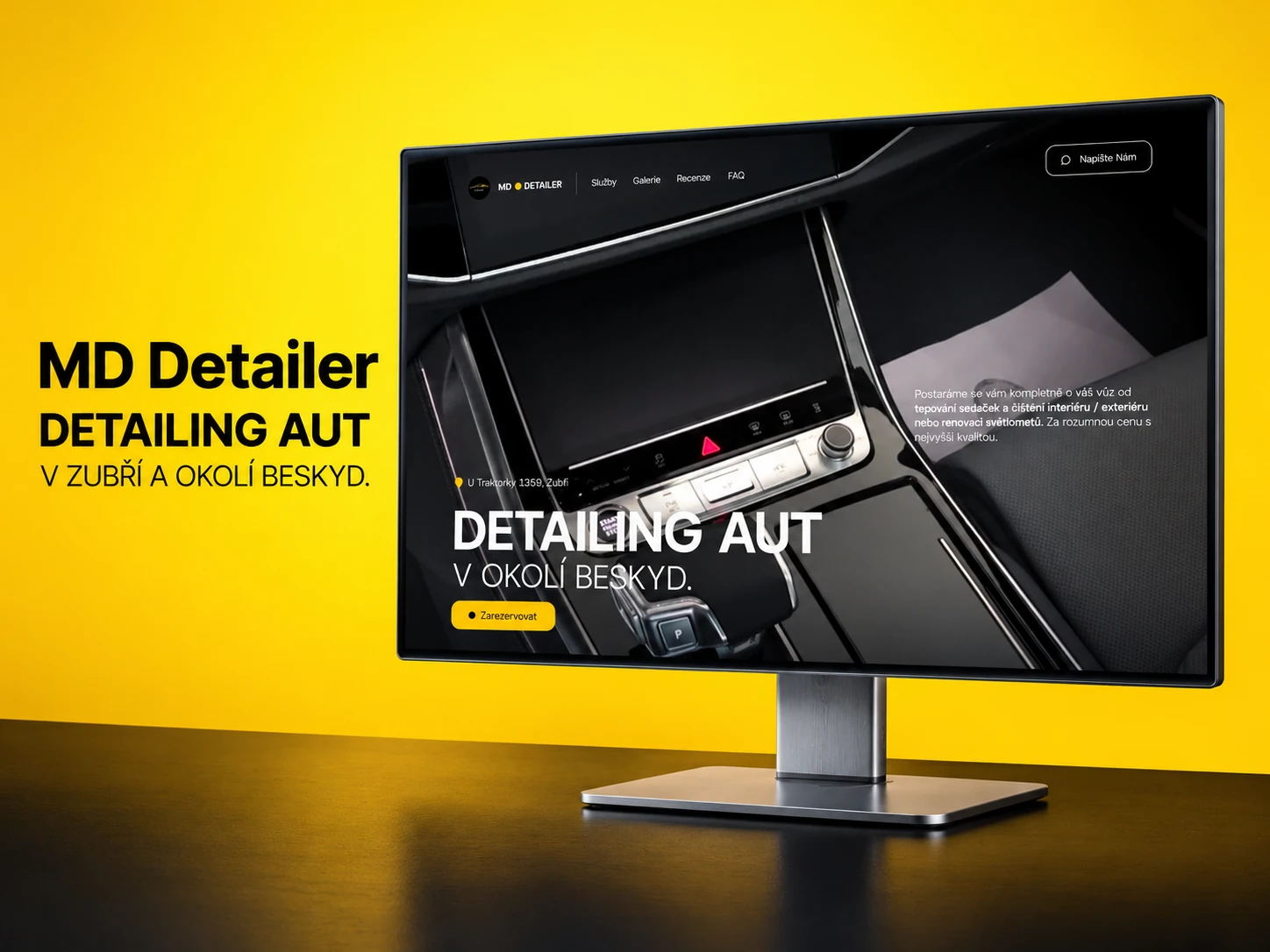 Úvodní stránka MD DETAILER na monitoru s fotografií interiéru auta a výzvou k rezervaci detailingu