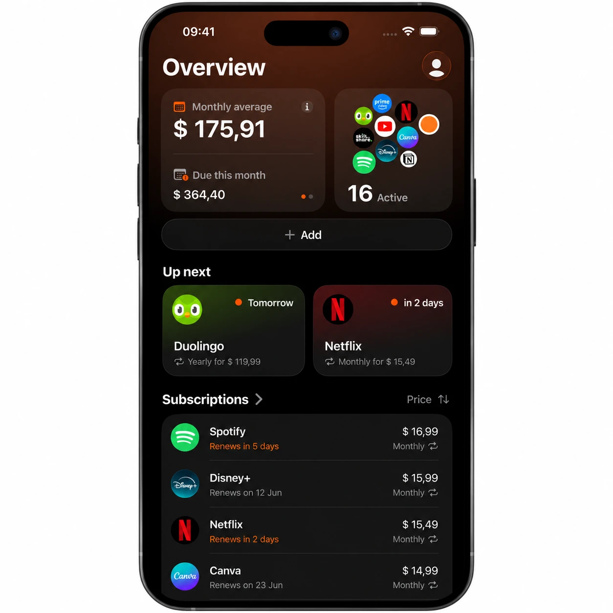 Subo mobilní rozhraní pro správu pravidelných plateb