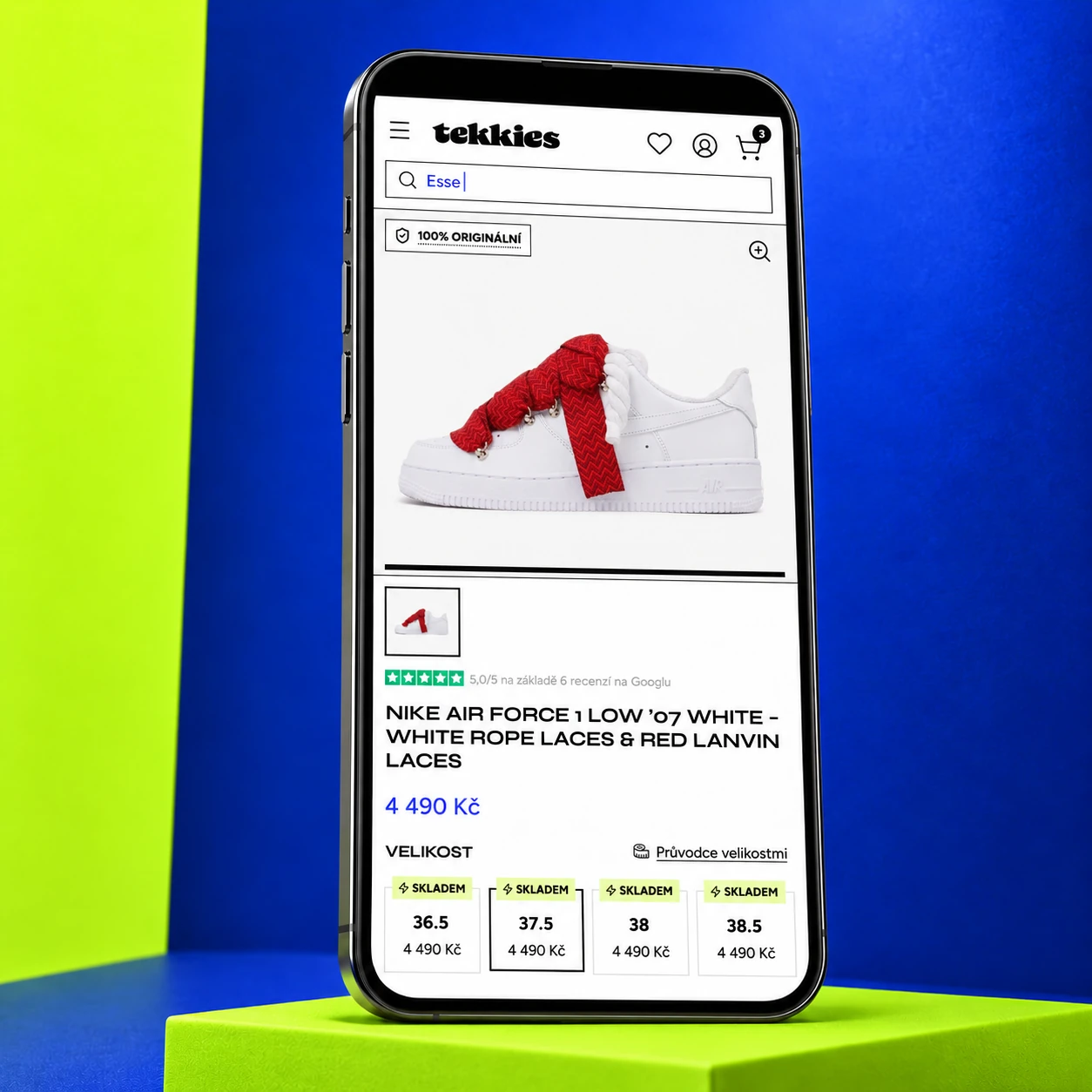 Mobilní detail tenisek v e-shopu TEKKIES s fotografií produktu a výběrem velikosti