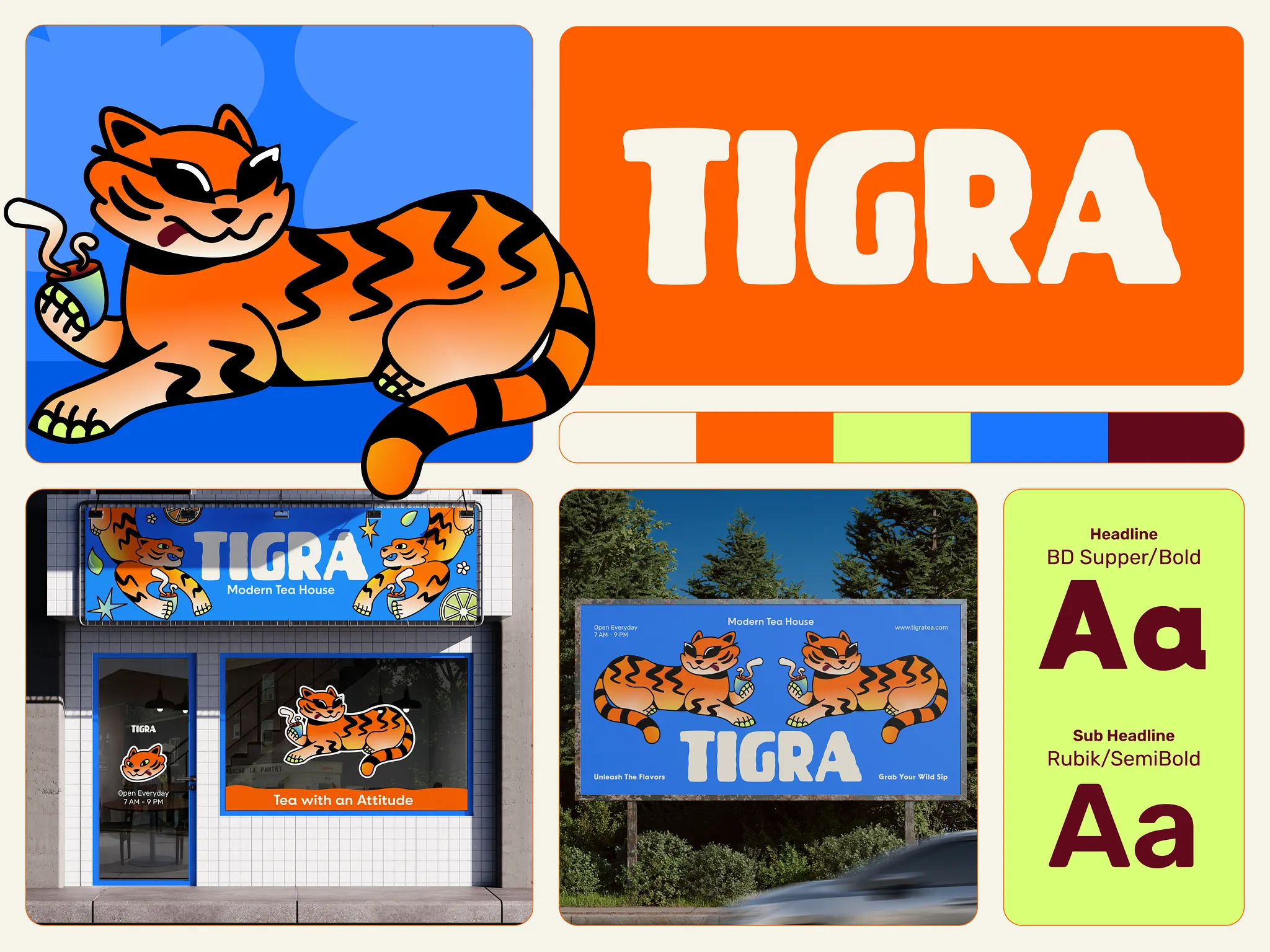 Přehled identity TIGRA s tygřím maskotem, logem, typografií, barevností, výlohou a billboardem