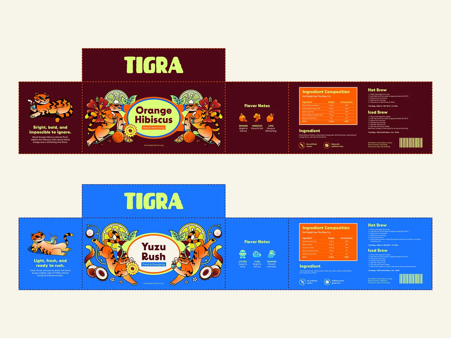 Rozložené obaly čajů TIGRA Orange Hibiscus a Yuzu Rush s ilustracemi, složením a návodem k přípravě