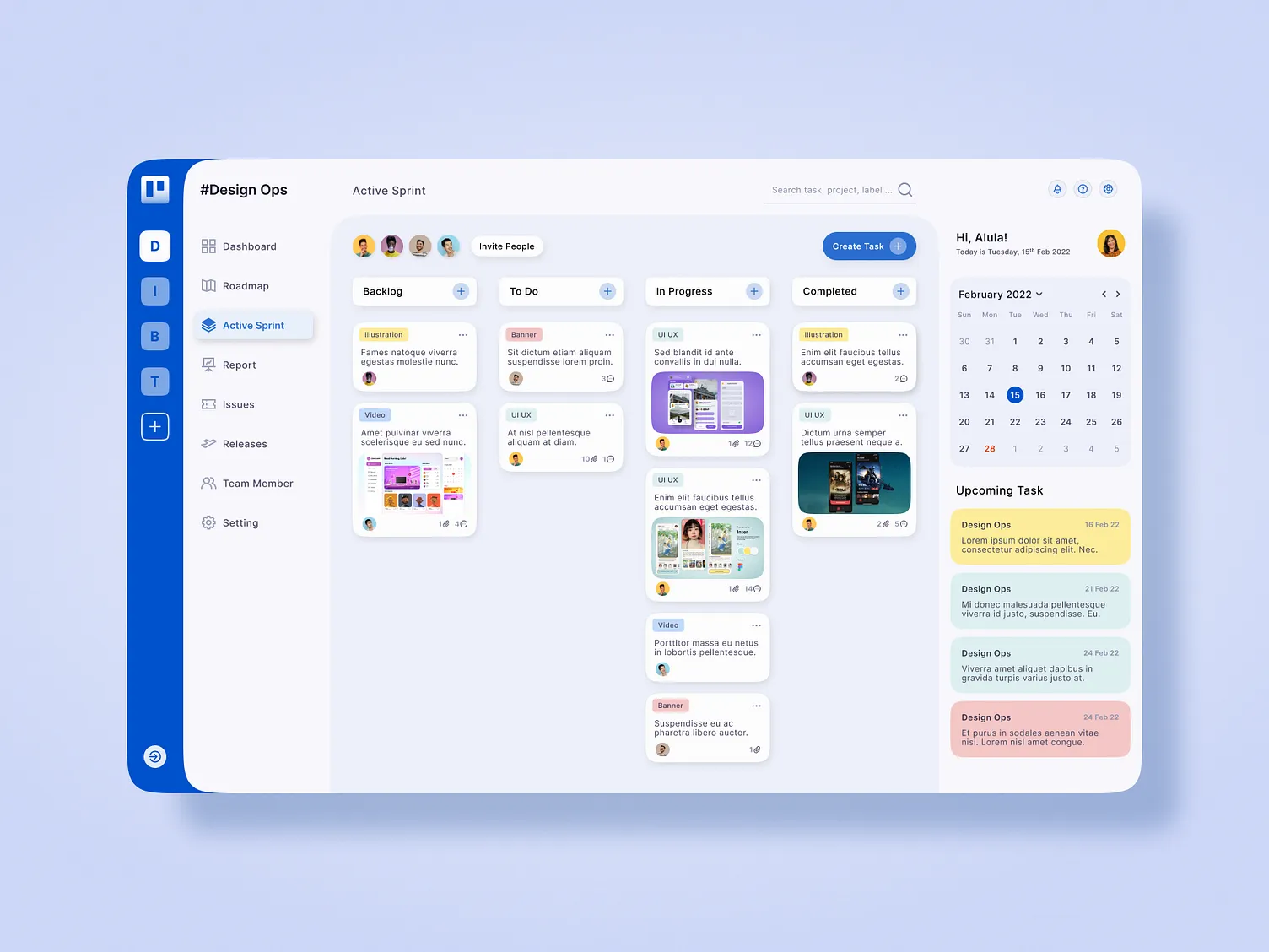 Návrh pracovního prostředí Trello s přehledem úkolů a týmového sprintu