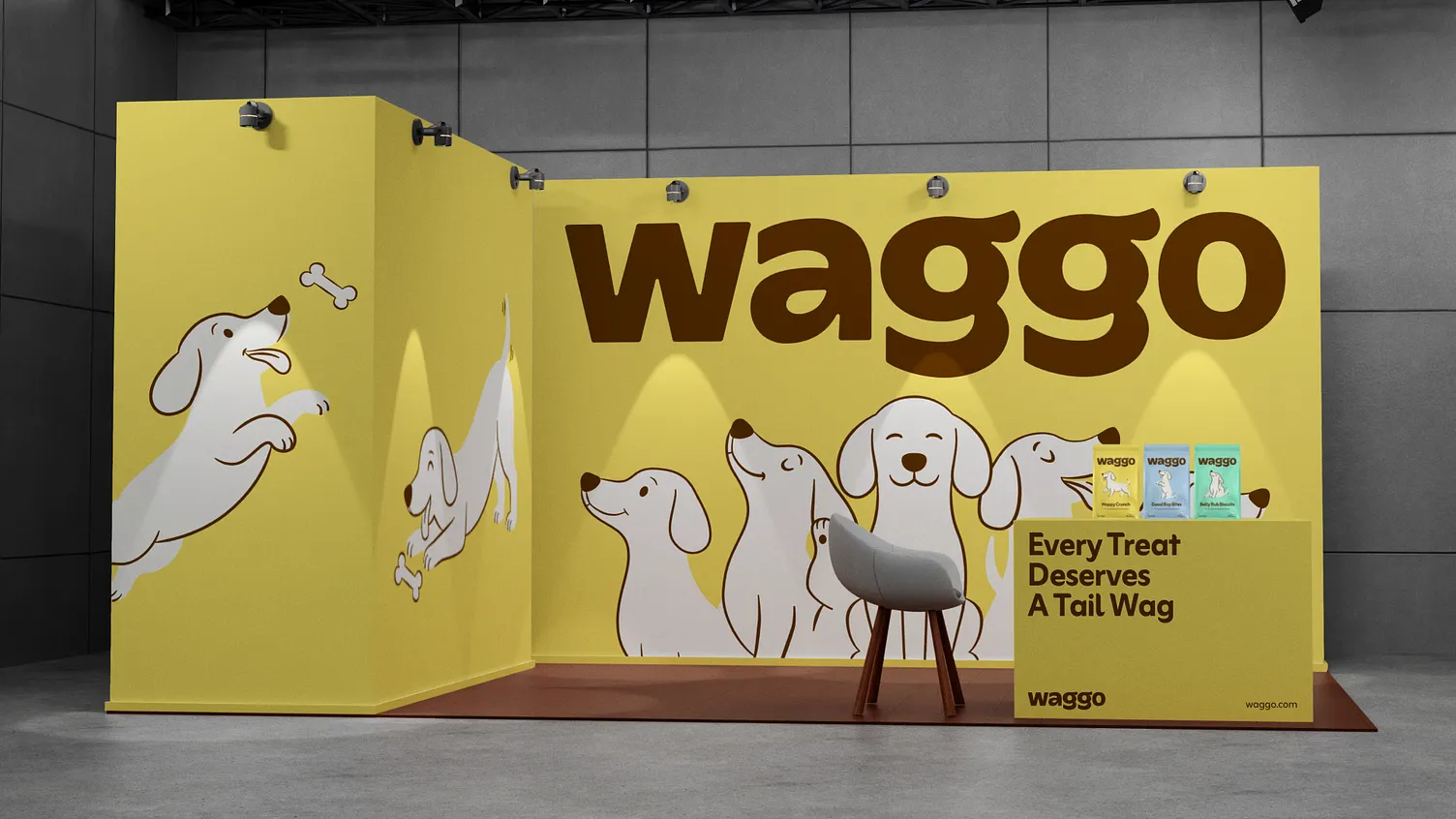 Návrh žlutého výstavního stánku Waggo s velkým hnědým logem, psími ilustracemi a produktovým pultem