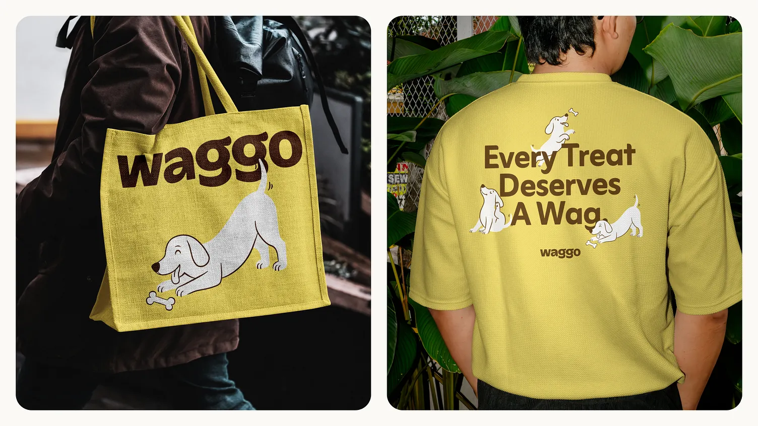 Žlutá plátěná taška Waggo s logem a ilustrací psa a žluté tričko s potiskem na zádech